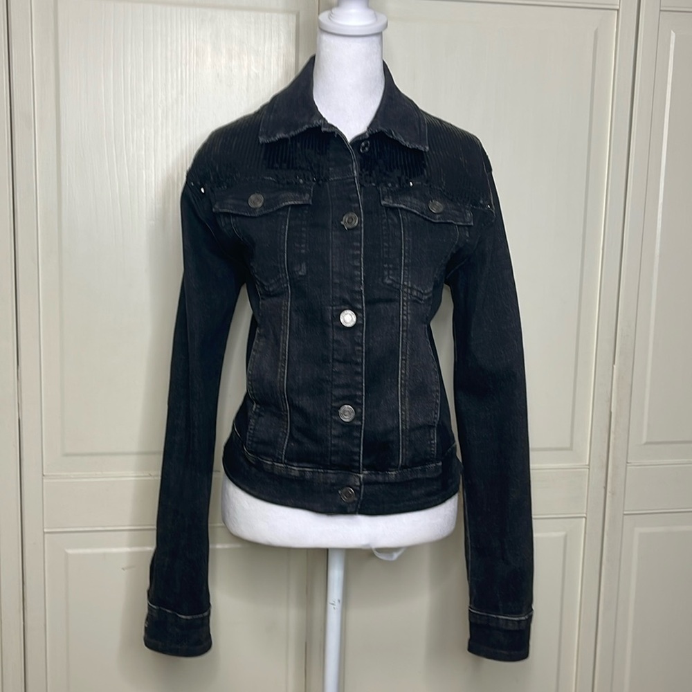 Rubberband Stretch Women’s Black Embellished Denim Jean Jacket Size L Western